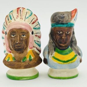 Native American Indian Chief Squaw Head Bust Ceramic Salt Pepper Shakers Japan